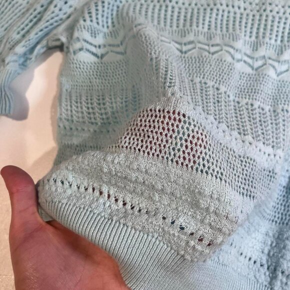 y2k turquoise mint green crochet knit eyelet pointelle 3/4 sleeve top coquette - Picture 9 of 9